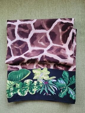 Nicole Miller Vintage Brown Giraffe-Print Scarf with Green Botanical Border